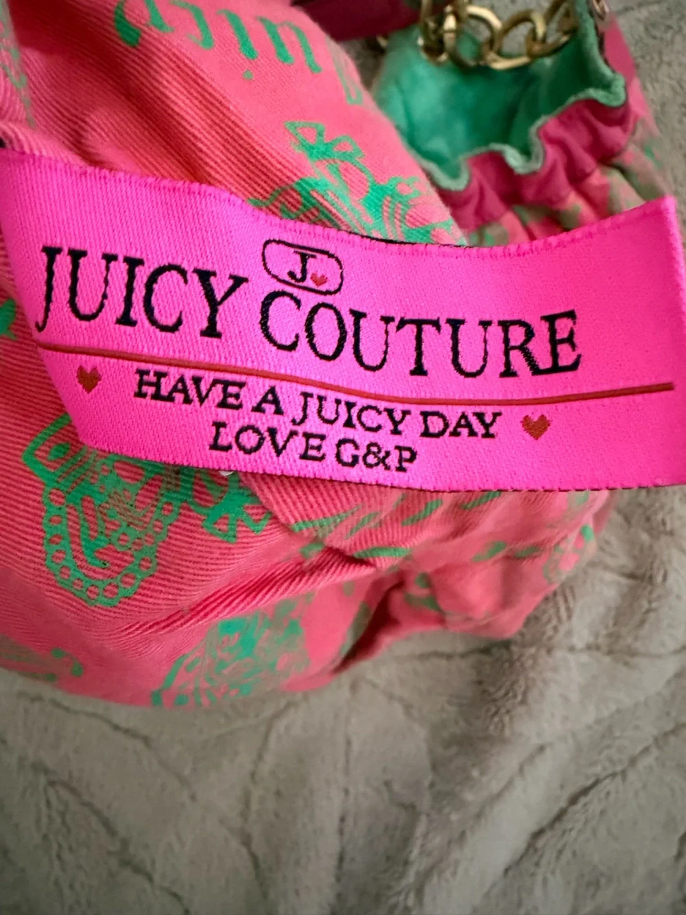 Vintage Juicy Couture 2007 Juicy Royal Velour Hobo Bag Green Pink Crown Y2K